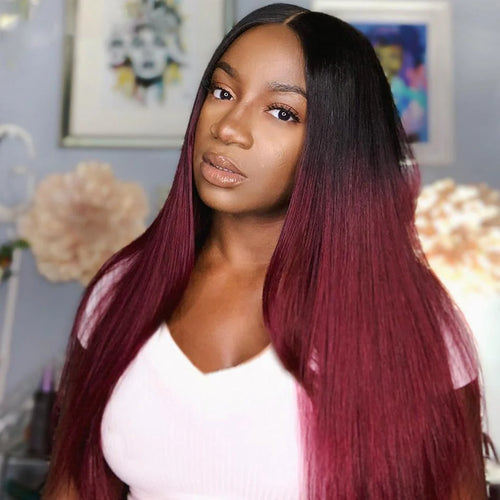 1B/99J Burgundy Red Dark Roots Straight Hair Lace Closure Wig 180% Density