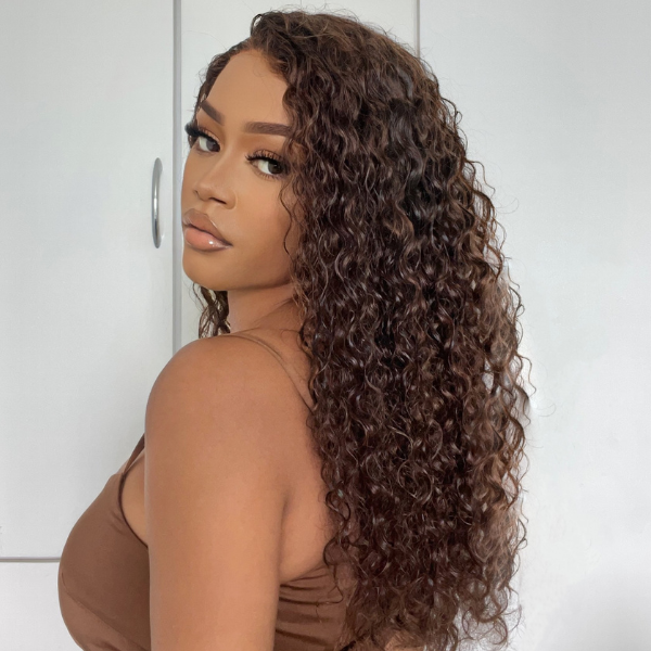 outlet | Brown Water Wave 5x5 Closure Lace Glueless Mid Part Long Wig 100% Human Hair