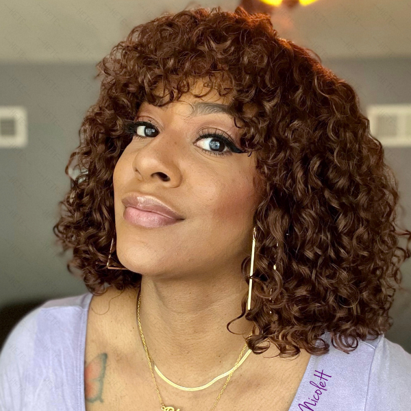 Ombre Brown Short Curly Throw On & Go Fringe Glueless Wig | Beginner Friendly