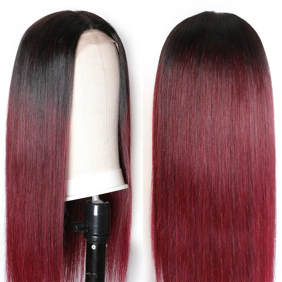 1B/99J Burgundy Red Dark Roots Straight Hair Lace Closure Wig 180% Density