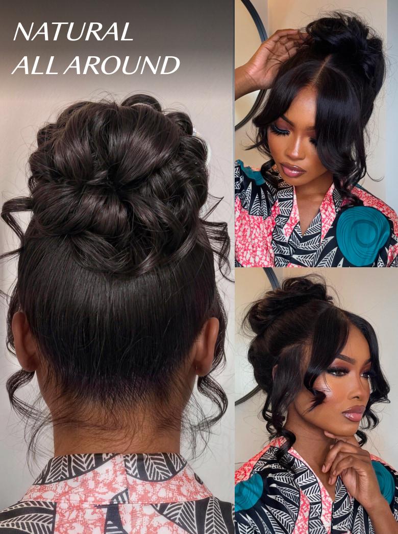 A model displays the UNice 13x4 HD Lace Bye Bye Slip Body Wave Wig - Human Hair Glueless Pull & Go Fit, showing a model with a messy bun with a bun bun bun bun bun bun.