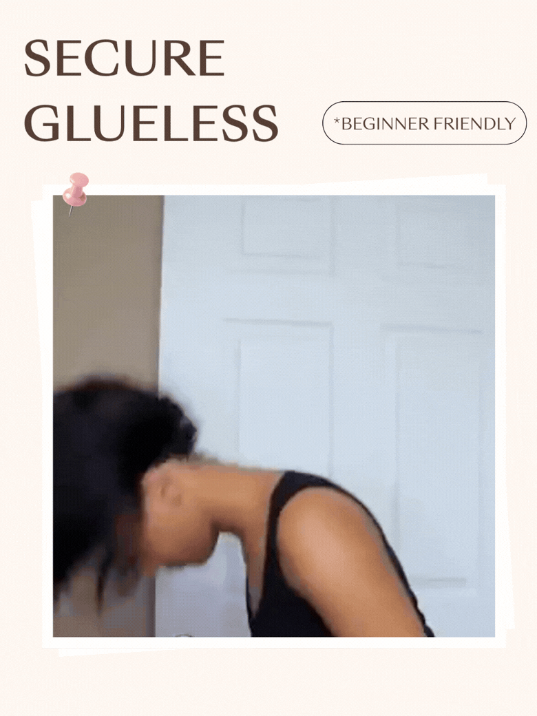 Model demonstrating a secure no slip glueless wig application, adjusting a natural beginner-friendly middle part.