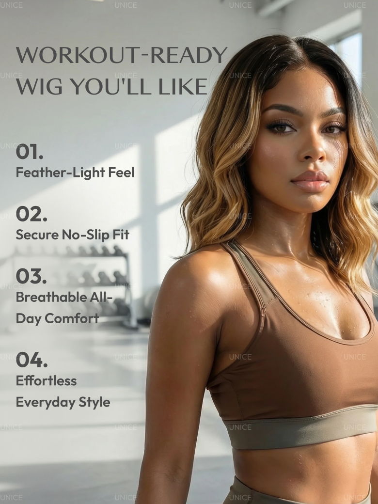 A model displays the UNice 13x4 Pre-Everything Lace Frontal Brown With Honey Blonde Face-Framing, showing a woman in a bikini top and shorts and honey blonde, highlight.