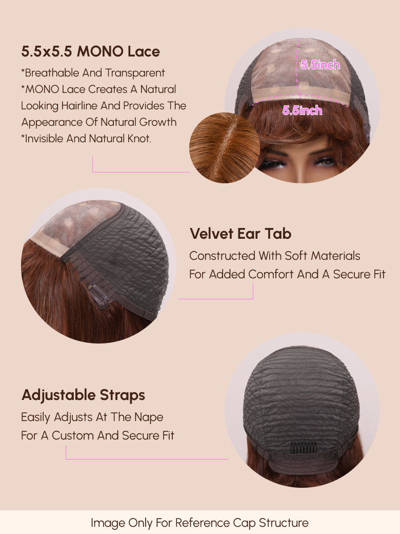 The UNice AMARA -12" MONO STRAIGHT HUMAN HAIR WIG image highlights 5.5x5.5MONOLace, 5.5inch, *BreathableAndTransparent, *MONOLaceCreatesANatural, the different types.