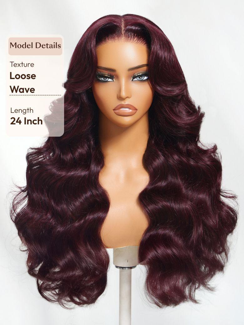 The UNice Bye Bye Knots 13x4 Lace Frontal Purple Black Cherry Layered Straight & Loose image highlights Model Details, Texture, Loose, Wave, a wig with long wavy hair.
