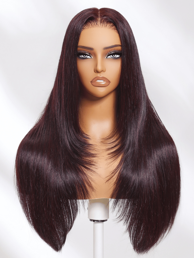 The UNice 7x5 Byebye Knots Lace Black Cherry Layered Straight Hair Wig 150% Density product image shows a wig with long hair on a mann and straight texture, black.