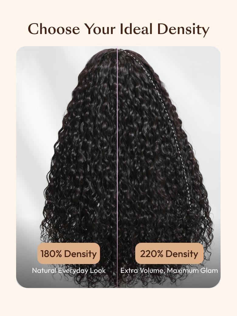 The UNice Water Wave In Natural Black 2-In-1 Switch Breathable Headband Wig with image highlights Choose Your Ideal Density, 180%Density, 220%Density, Natural.