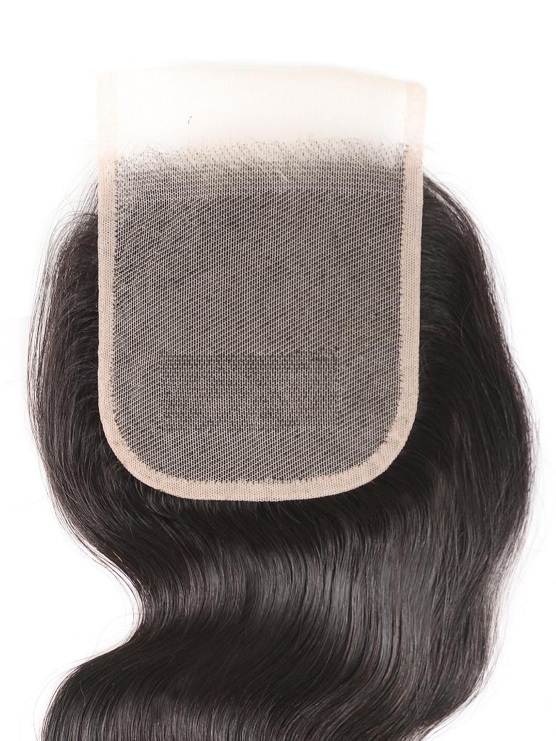 The UNice Natural Color Body Wave 4x4 Free Part Lace Closure product image shows a close up of a hair piece and body wave texture, 4x4, lace finish.