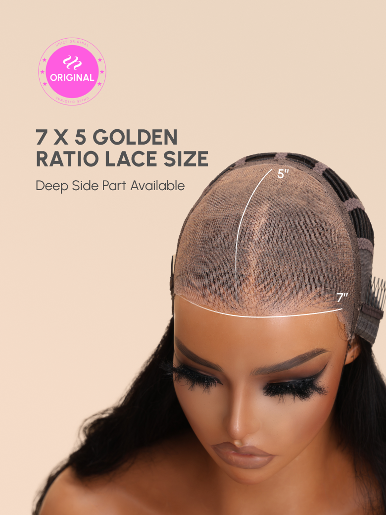 The UNice 7x5 Bye Bye Knots Wig Glueless Body Wave Lace Wig With Invisible Clean Knots visual image position 8 shows a model with long hair and a black top | visible.