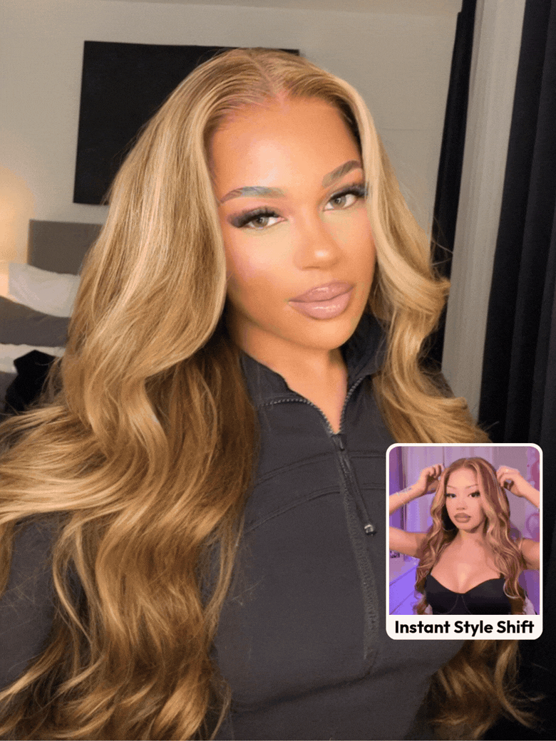 A model displays the UNice 7x5 Bye Bye Slip Wig With Drawstring Pre-Cut Glueless Lace Honey Blonde Body, showing a model with long blonde hair and a black shirt and body.