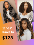 A model displays the UNice Limited Stock 13x4/5x5 HD/4x4 pre Cut 22"-34" Highlight Water Wave/ Chocolate wig, showing two - 4 - 4 - 4 - 4 - 4 - 4 - 4 - 4 - 4 - 4 - 4.
