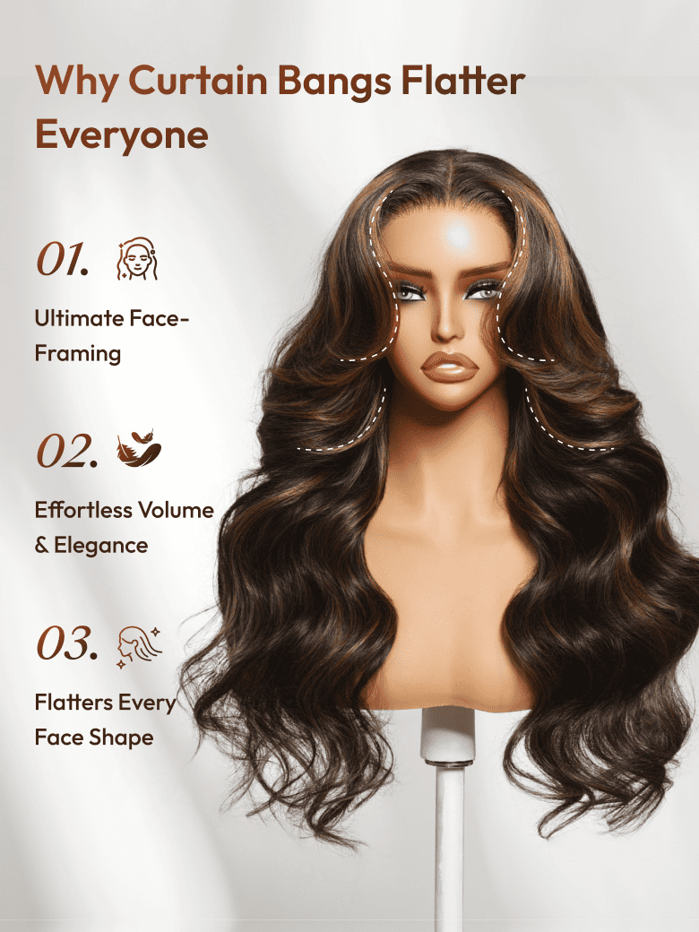 A model displays the UNice 7x5 Bye Bye Slip Lace Black with Golden Brown Highlights Body Wave Wig with, showing a wig with the words why curl bangs? and body wave.