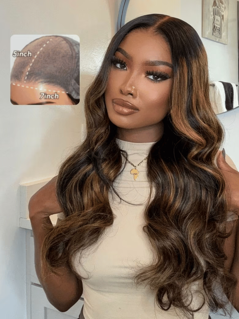 A model displays the UNice 7x5 Bye Bye Knots Glueless Lace Balayage Highlight Very Bouncy Body Wave Wig, showing a model with long brown hair wearing a white top.