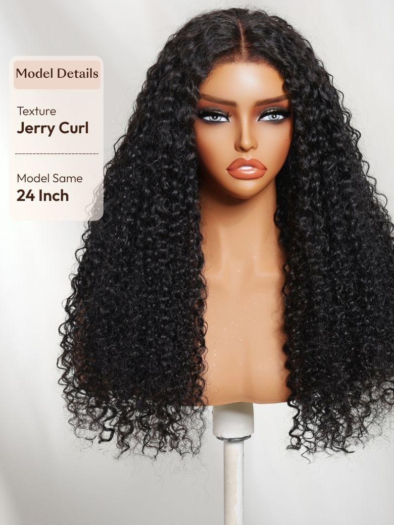 The UNice Bye Bye Knots 7x5 Lace Jerry Curl 150% Density Wig with Lived-In Coils image highlights Model Details, Texture, Jerry Curl, Model Same, a wig with curly hair.