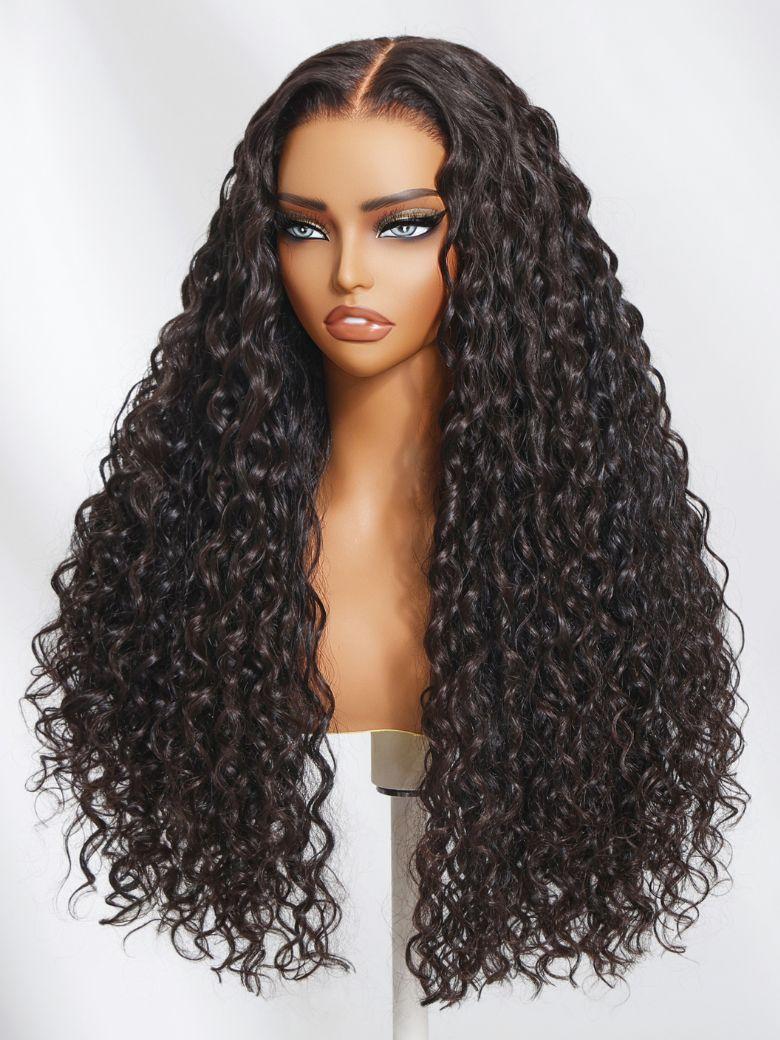 The UNice Bye Bye Knots Wig 7x5 Pre Cut Lace Bouncy Water Wave Flexible Cap Size visual image position 4 shows a long curly wig with a long, curly hair | water wave.