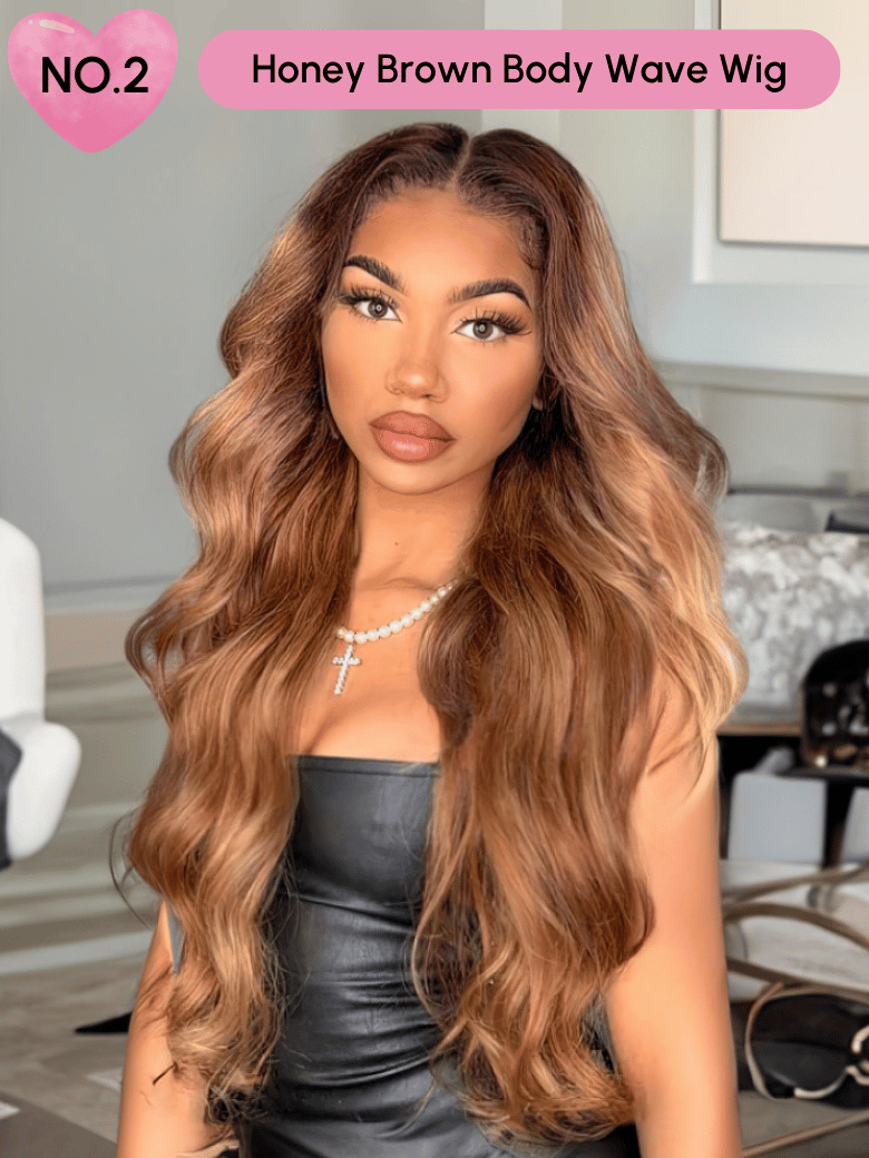 A model displays the UNice 24 Inch 180% Density 13x4 Lace Frontal Wig Last Chance Sale wig, showing a model with long brown hair and a black dress and 13x4, lace finish.