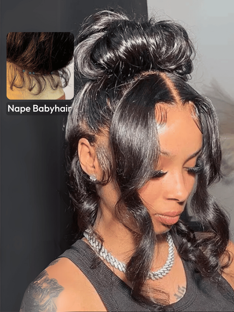 A model displays the UNice Invisible Strap 360 Lace Black Water Wave and Body Wave Wig, showing a model with long hair and a black top and body wave texture, water wave.