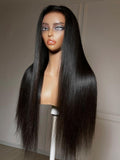 A model displays the UNice 360 HD Lace Pre-plucked Luxury Raw Virgin Hair Natural Black Straight Wig, showing a wig with long hair on a mann and straight texture.