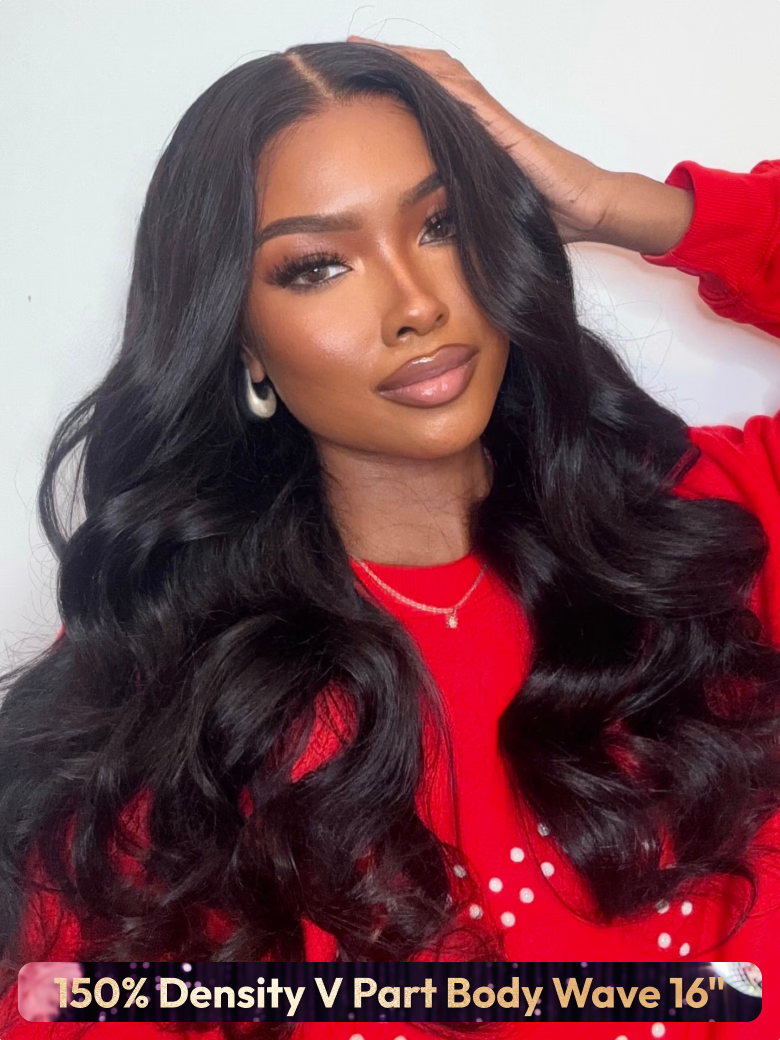A model displays the Unice Flash Sale Glueless wig 13x4 Front Lace/ 250% Density/ Body Wave... 16 Inch wig, showing a woman wearing a red sweater and black hair and body.
