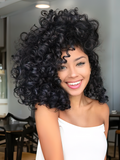 A model displays the UNice Funmi Curly Tight & Neat Human 1 Bundle Virgin Hair Natural Color, showing a model with long black hair and a white top and curly texture.