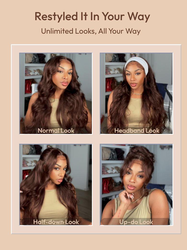A model displays the UNice 20"-24" Glueless Auburn Brown 13x4 Pre-Everything Lace Frontal Loose Wave, showing a model with long hair and a headband and loose wave.