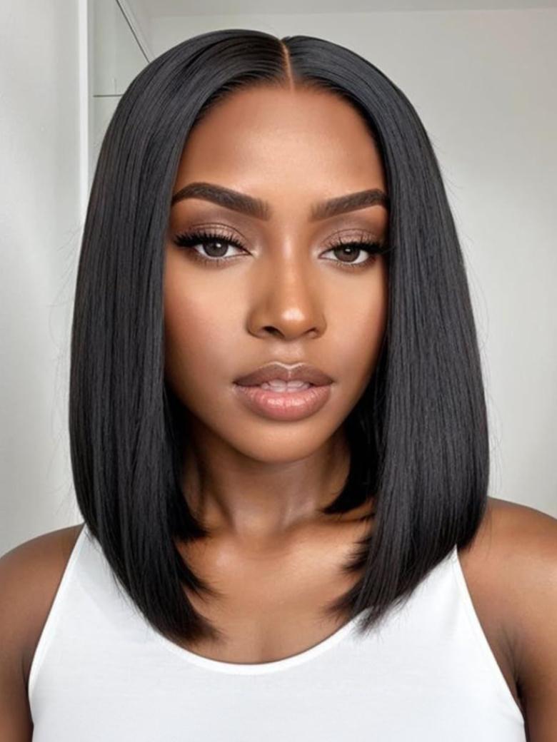 A model displays the UNice 13x4 Lace Front Yaki Bob Wig With Invisible Drawstring Pre-Cut, Pre-Bleached &, showing a model with long black hair wearing a white tank top.