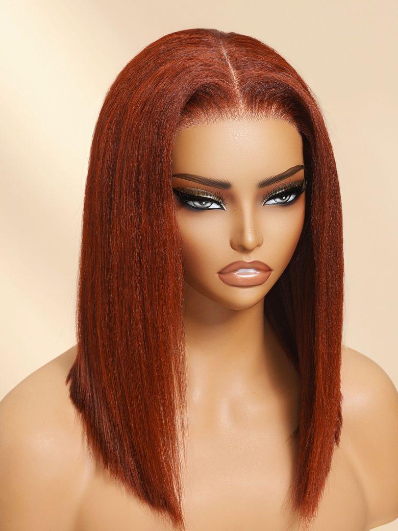 The UNice Bye Bye Knots 7x5 Lace Reddish Brown Yaki Bob Wig product image shows a red wig with long straight hair and yaki texture, reddish brown, 7x5.