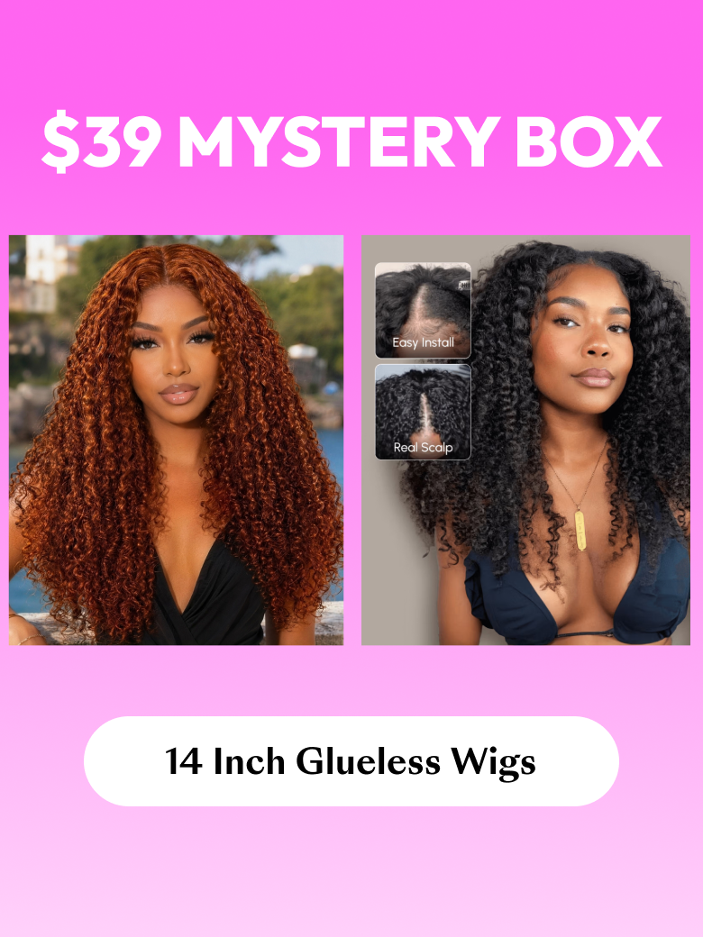 The UNice FULL Lace Wig Hiding Inside UNICE $39 Surprise Box Win 20 Inch Glueless 100% image highlights Yurne, ourprise, Box, win 16-22 inch, a pink box with a question.