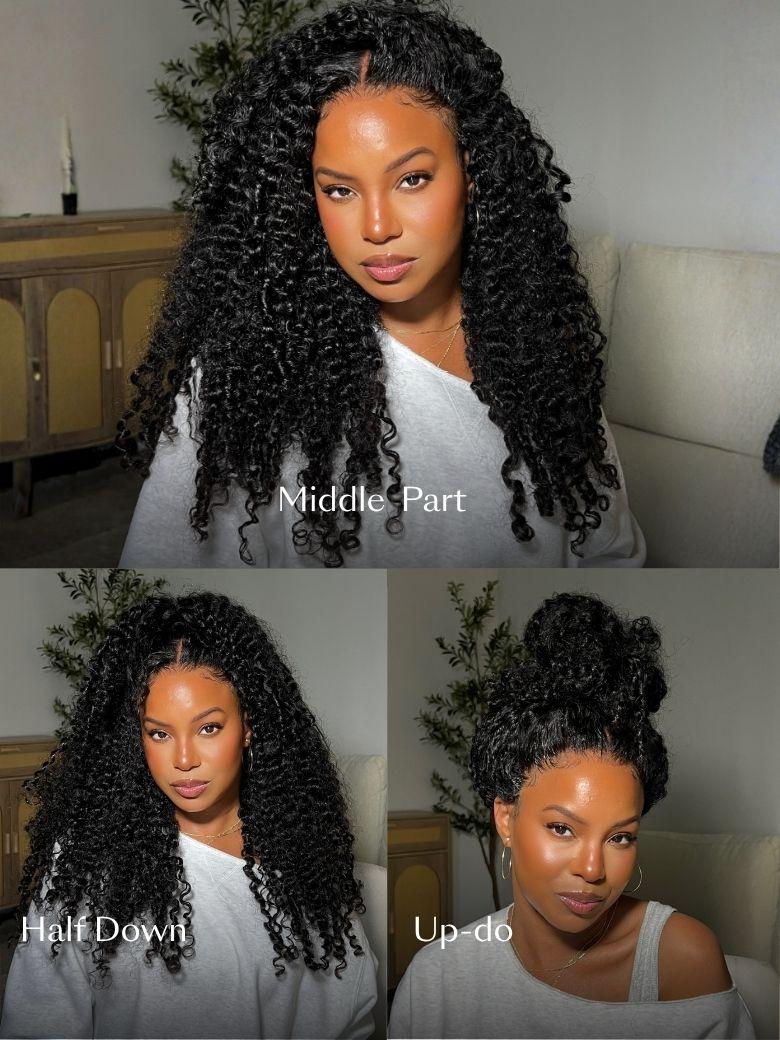 A model displays the UNice FB 7x5 Bye Bye Slip & 13x4 Pre-Everything Curly Texture Premium Hair wig, showing a model with long curly hair and a white shirt and curly.