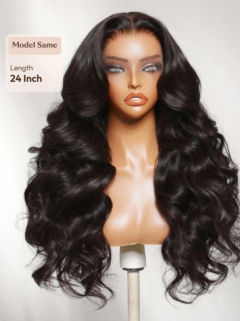 A model displays the UNice 360 HD Lace Pre-plucked Luxury Raw Virgin Hair Natural Black Body Wave Wig, showing a wig with long wavy hair on a mann and body wave texture.