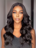 A model displays the UNice Beginner Friendly Body Wave No Lace No Gel No Leave Out New Put On And Go U wig, showing a model with long black hair wearing a black dress.