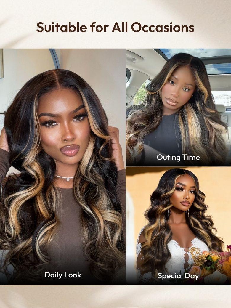 A model displays the UNice 7x5 Bye Bye Slip Lace Loose Wave Butterscotch Highlights Brown with Free Face wig, showing a model with long hair and brown and blonde hair.