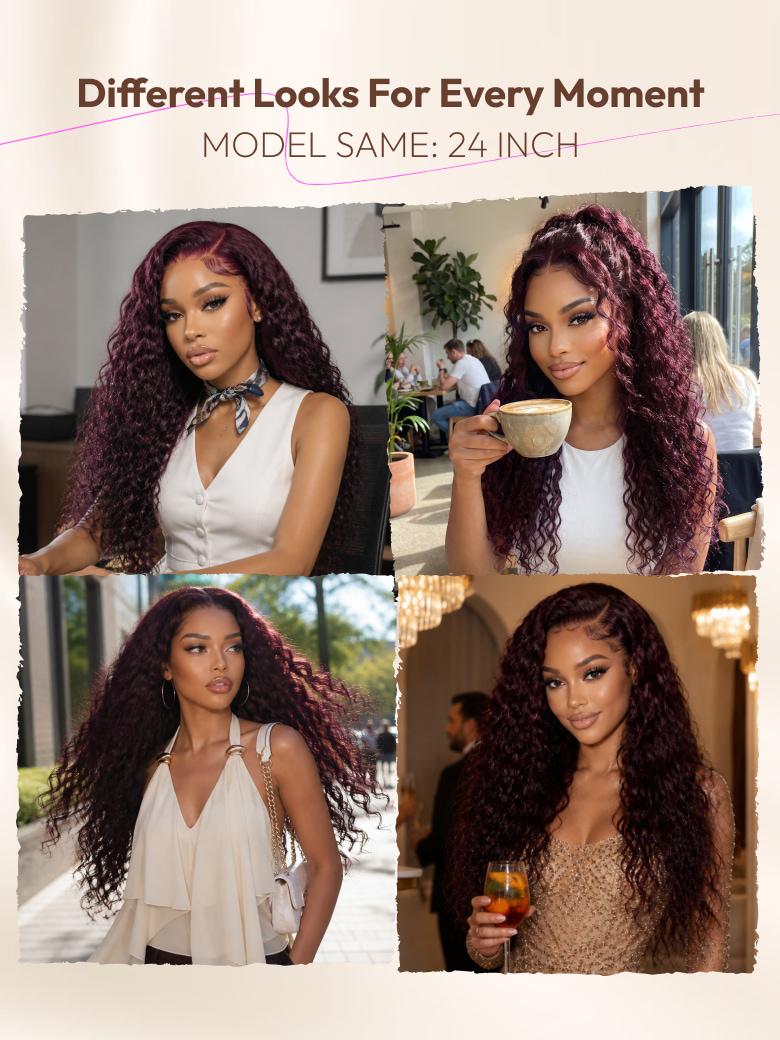 UNice 13x4 Bye-Bye Slip™ Lace Frontal Black Cherry Water Wave Glueless Drawstring Wig 100% Human Hair 150% Density
