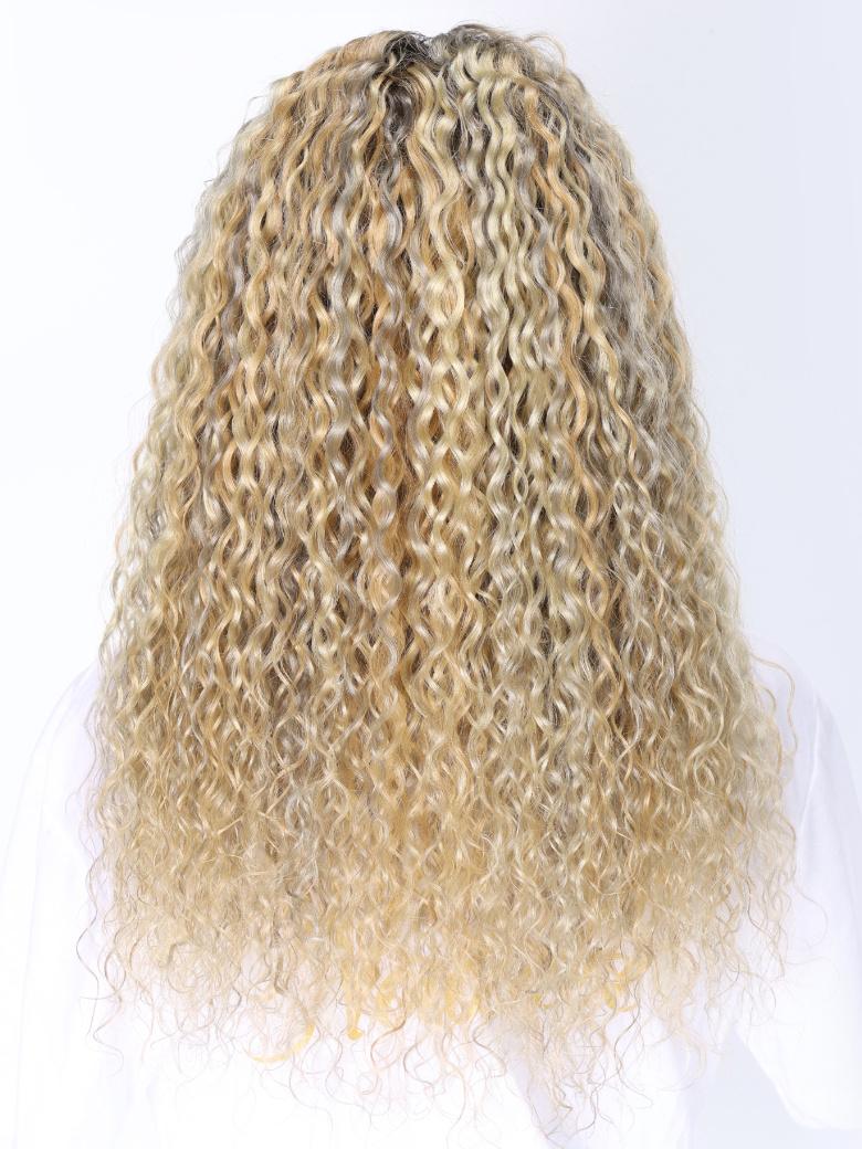 A model displays the UNice 20 Inch 13x4 Lace Front 180% Density Glossy Blonde With Silver Highlight Water, showing a model with long blonde hair and water wave texture.