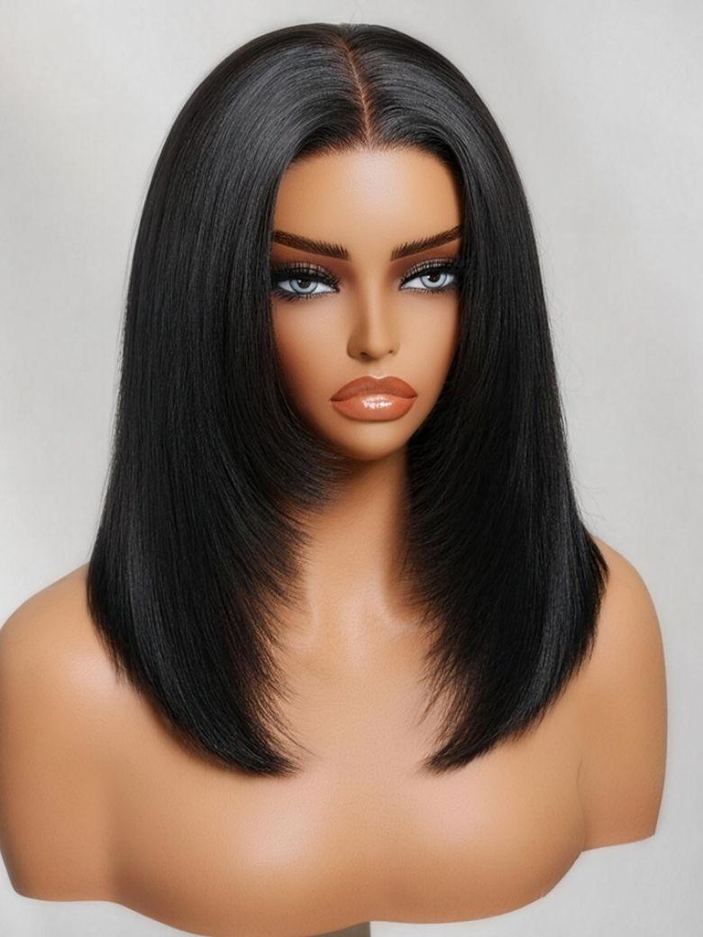 A model displays the UNice Full Lace 100% Handmade Black Straight Bob Wig with Face Framing Layers, showing a wig with long black hair and straight texture, lace finish.