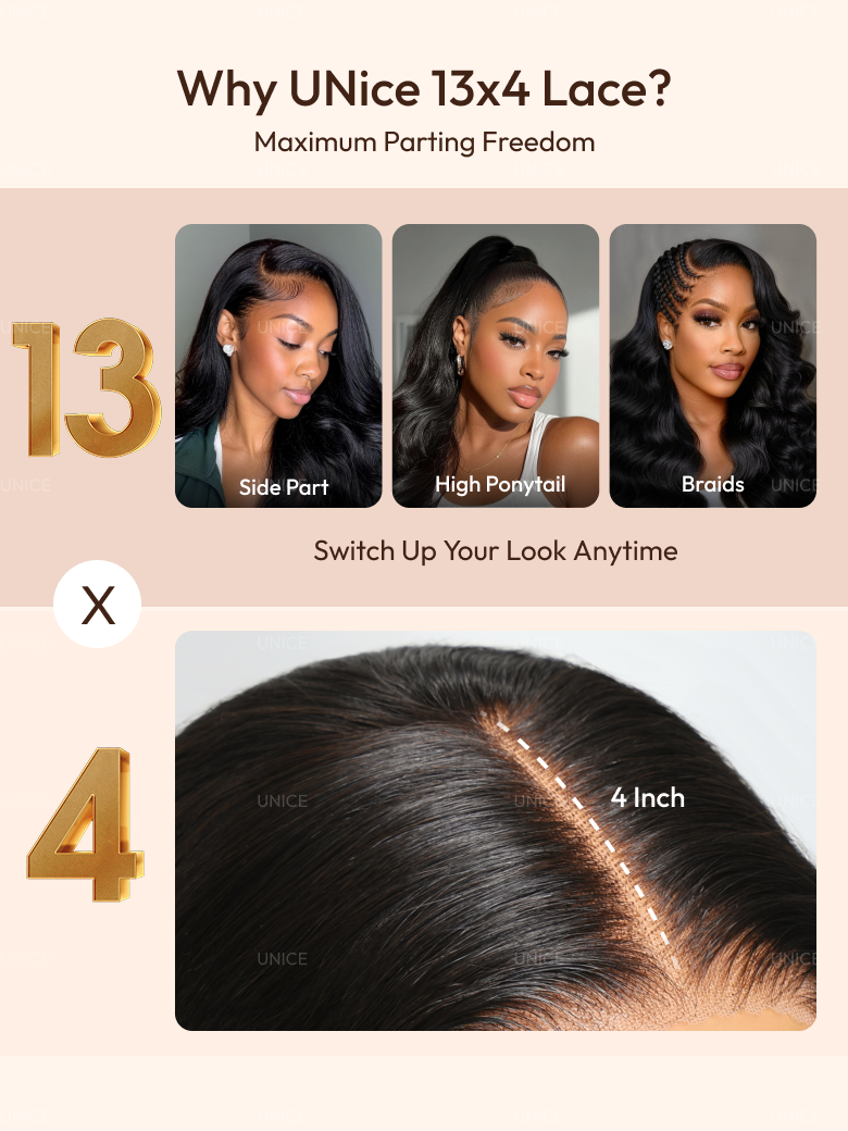 The UNice 13x4 HD Lace Bye Bye Slip Body Wave Wig - Pull & Go Fit Ear-to-Ear with Invisi image highlights WhyUNice13x4Lace?, MaximumParting Freedom, SidePart, High.