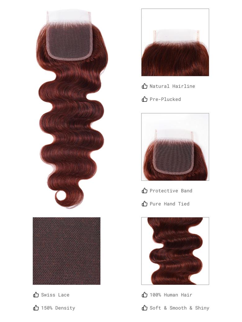 The UNice Dark Auburn Body Wave Remy Human Hair 3 Bundles With Closure Deal image highlights Natural Hairline, Pre-Plucked, Protective Band, Pure Hand Tied, the hair.