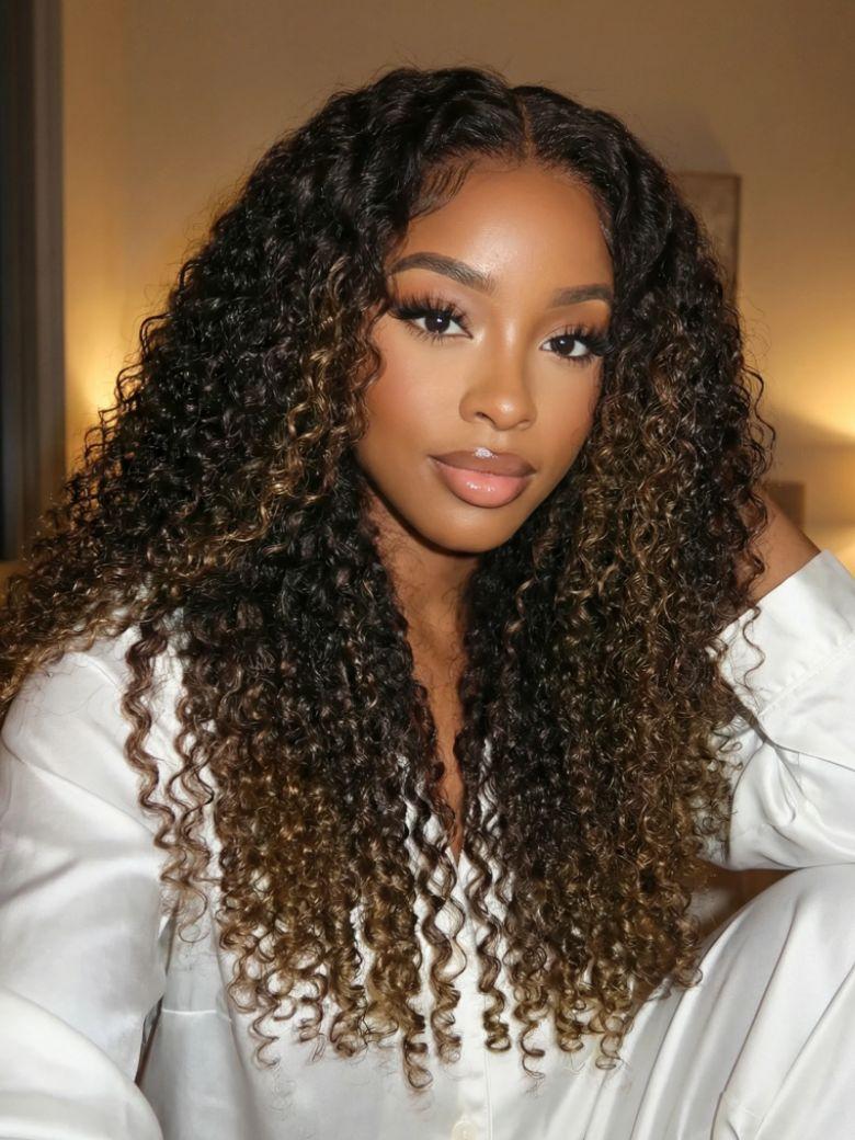 A model displays the UNice EasiContour V Part Black to Chestnut Brown Jerry Curly Drawstring Wig 150%, showing a model with long curly hair wearing a white shirt.