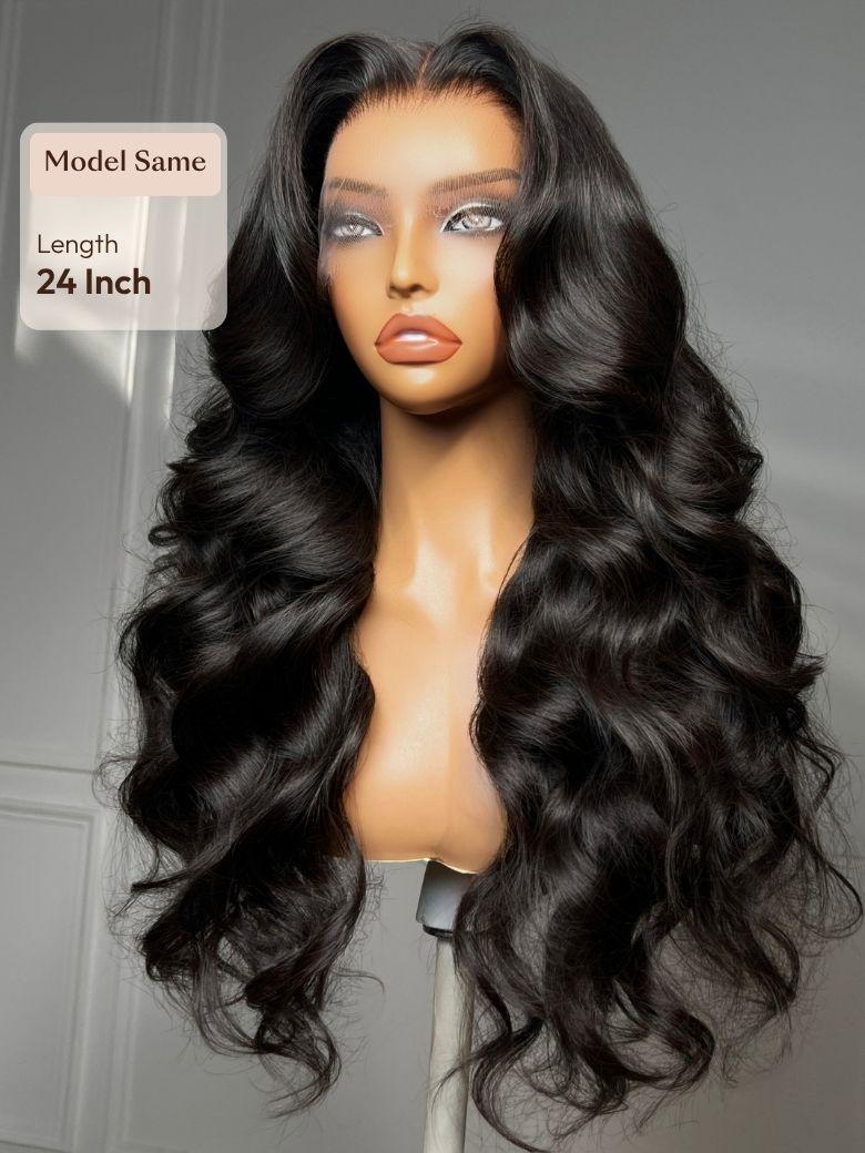 The UNice 360 HD Lace Pre-plucked Luxury Raw Virgin Hair Natural Black Body Wave Wig visual image position 5 shows a wig with long wavy hair | body wave texture, natural.