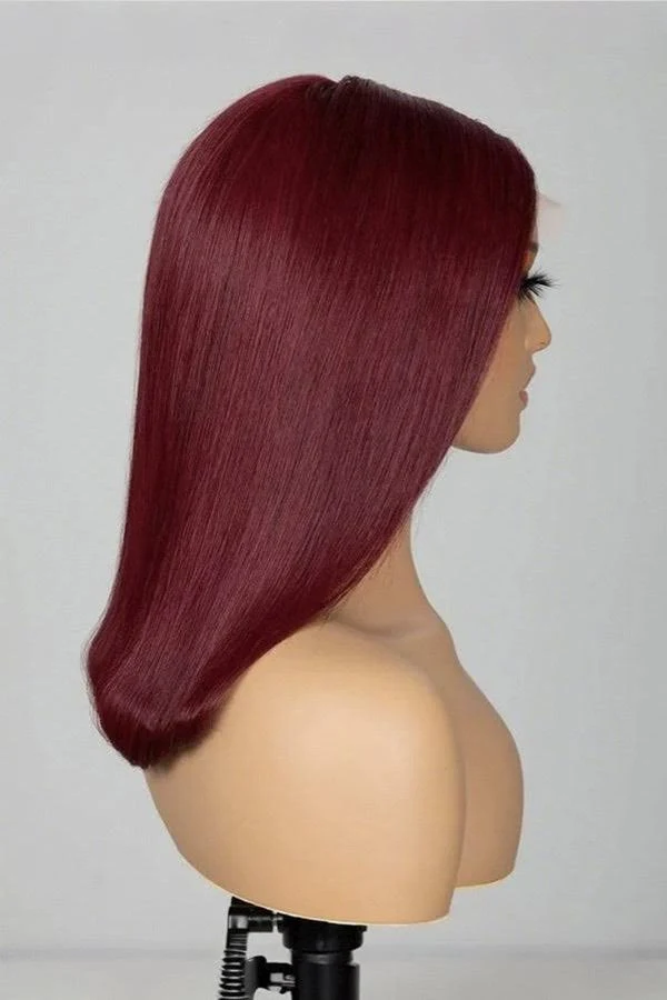 Double Drawn 4x4 Lace Closure Wig Pre Plucked Human Hair 99j Burgundy Color 180% Density