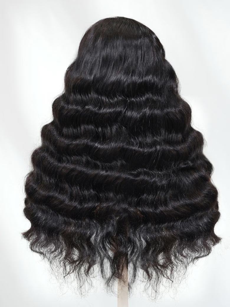The UNice 20 Inch 180% Density Full Lace Deep Wave Transparent Lace Human Hair Wig product image shows a wig with long black hair on a white background and deep wave.