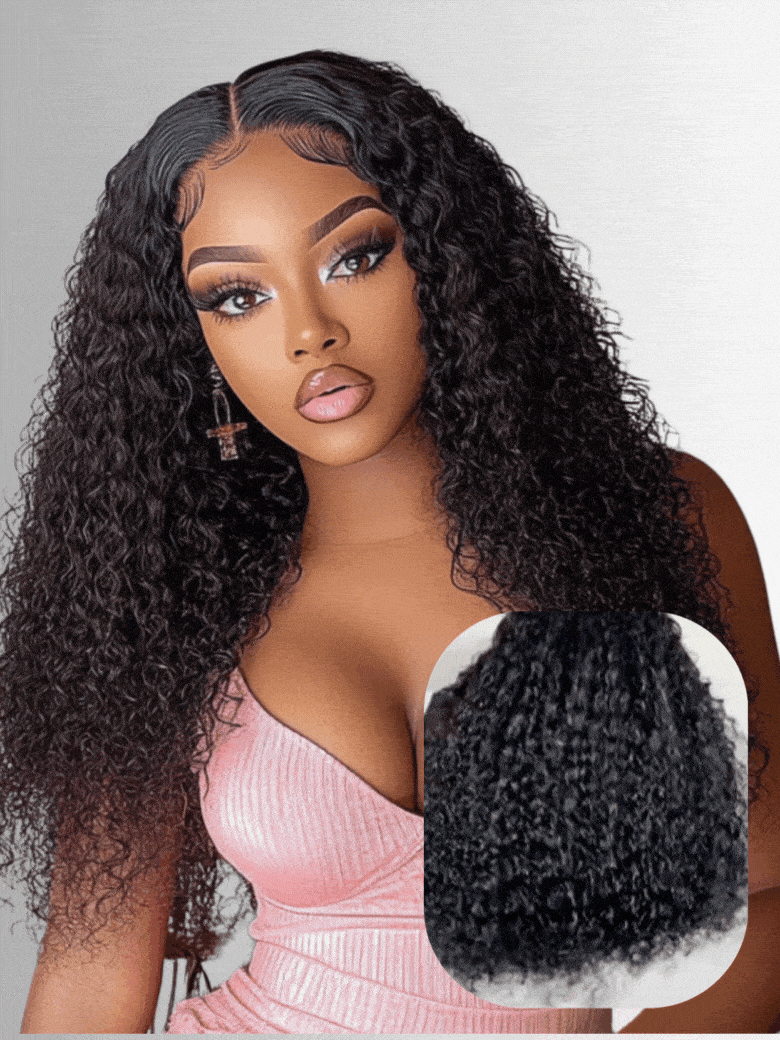 A model displays the UNice Jerry Curly 7x5 Bye Bye Knots wig With Bleached Invisible Knots 150% Density, showing a model with long curly hair wearing a pink dress.