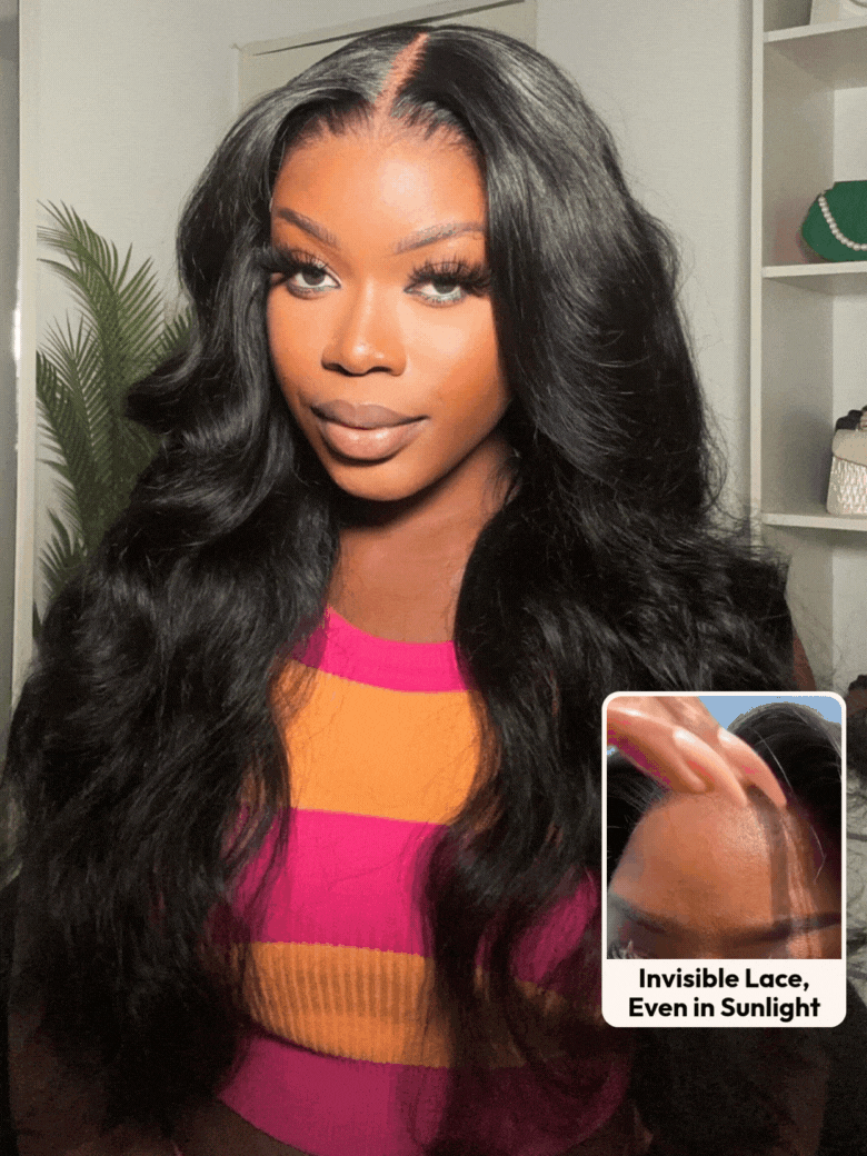 A model displays the UNice 13x4 HD Real Scalp Wig Pull And Go Drawstring Loose Wave with Face Framing, showing a model with long black hair and a pink top and loose wave.