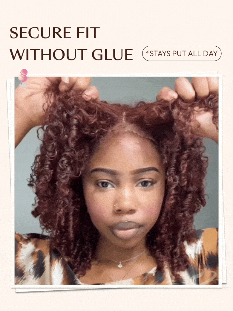A model displays the UNice 7x5 Bye Bye Slip Wig Glueless Lace Sunset Afro Kinky Curly & Jerry Curly for, showing a model with curly hair is shown in a picture and kinky.