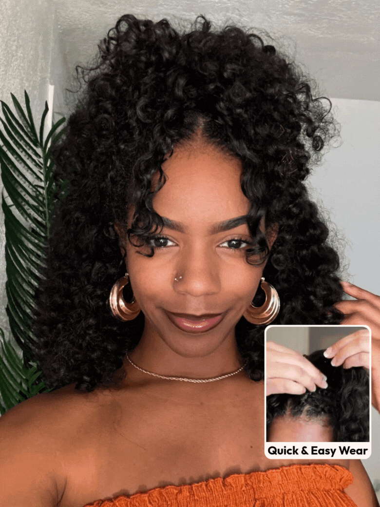 A model displays the UNice InvisiBlend V part Jerry Curly& Kinky Curly Wig Invisi Drawstring Human Hair, showing a model with curly hair and kinky curly texture, jerry.