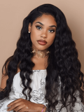 A model displays the UNice Hair 1 Bundle Virgin Human Hair Loose Deep Wave, showing a model with long black hair and a white top and deep wave texture, bundle fullness.