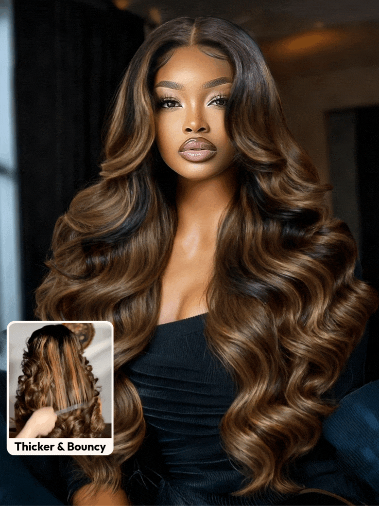 A model displays the UNice Limited Quantity UNice 13x4 Lace Frontal Balayage Highlights Body Wave, showing a model with long brown hair and a black dress and body wave.