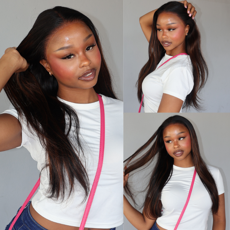 [me.ndo]'s Special Link PreMax Wigs | Ultra Natural Hairline Brown Highlight & Natural Black Silky Straight Glueless 13x4 Frontal Lace Long Wig Pre-Cut Lace