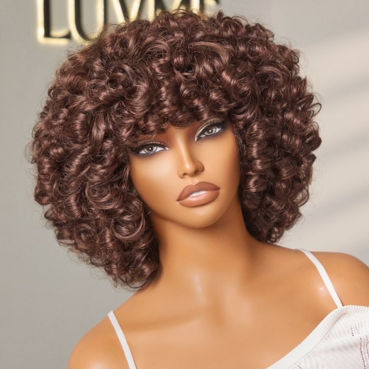 180% Density ReadytoGo Chestnut Brown Fluffy Rose Curl 12 inches Short Wig With Bangs 100% Human Hair