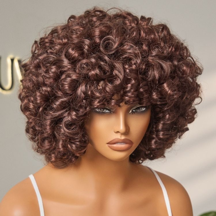 180% Density ReadytoGo Chestnut Brown Fluffy Rose Curl 12 inches Short Wig With Bangs 100% Human Hair